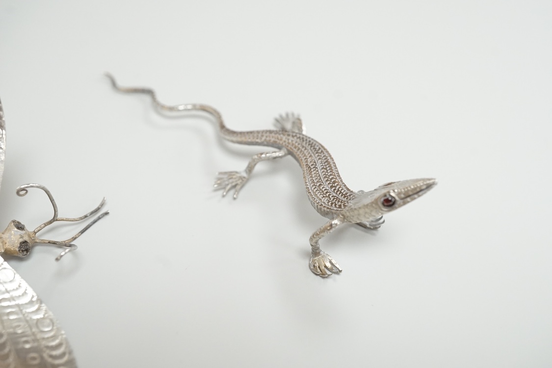 A group of nine assorted Indian white metal miniature model insects and reptiles, etc. including a King Cobra, scorpion, lizards, turtle, butterfly and crab etc.